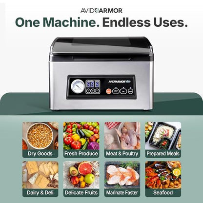 Avid Armor USV32 Chamber Vacuum Sealer Machine – 11.5" Sealing Bar, Glass Lid, Seal Meats, Soups, Sauces & Liquids, Marinate in Minutes, Sous Vide Ready, Accessory Hose Included, Stainless Steel