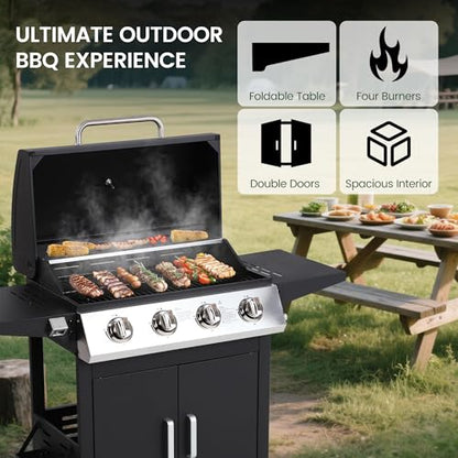 HUGROVE 4-Burner Propane Gas BBQ Grill, Upgraded 40,000 BTU Stainless Steel Barbecue Grill with Foldable Side Tables, Spice Rack & Wheels for Outdoor Cooking