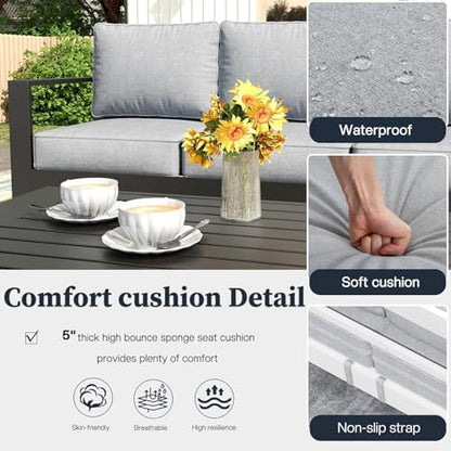 KHOLH 4 Piece Modern Aluminum Patio Furniture Set, Outdoor Patio Sectional Conversation Metal Seating Sets with Olefin Cushion and Coffee Table
