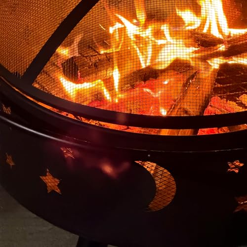 Quilushey 32 Inch Fire Pit Outdoor Fireplace, 2 in 1 Metal Round Firepit for Outside Bonfire Party, BBQ, Camping, Backyard, Patio, Garden, Picnic w/Fire Poker, Spark Screen, Grate, Cover (Moon&Star)
