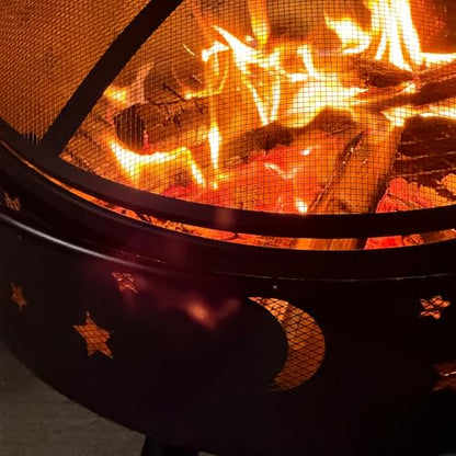 Quilushey 32 Inch Fire Pit Outdoor Fireplace, 2 in 1 Metal Round Firepit for Outside Bonfire Party, BBQ, Camping, Backyard, Patio, Garden, Picnic w/Fire Poker, Spark Screen, Grate, Cover (Moon&Star)