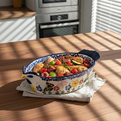 Uiifan 27 oz Ceramic Casserole Dishes Chicken Shape Vintage Pie Pan Bakeware Butterfly and Flower Pattern Plate Lasagna Pans Soup Bowl for Oven, Dishwasher and Microwave Safe
