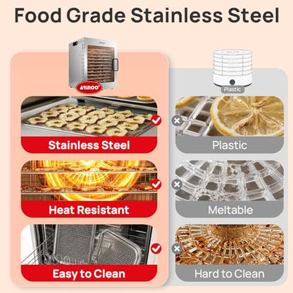 ARINOO Food Dehydrator Machine with 12 Stainless Steel Trays, 48H Timer