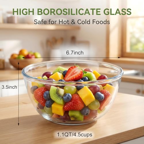 BECFISH Borosilicate Glass Bowls, Set of 4 (1.1 QT Each) - Heavy-Duty, Scratch Resistant & Lead-Free. Oven, Microwave, Dishwasher & Freezer Safe. Perfect for Meal Prep, Baking, Serving, Entertaining