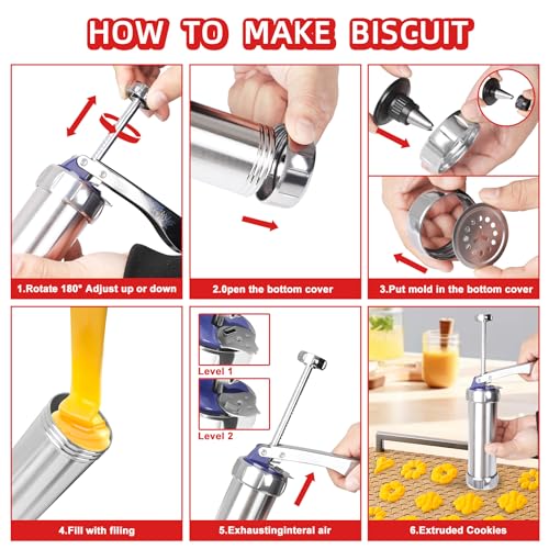Spritz Cookie Press Kit - 20 Stainless Steel Discs & 8 Icing Nozzles - Professional Biscuit Maker with Effortless Trigger - Complete Spritz Cookie Maker for Homemade Treats and Pastry Decoration