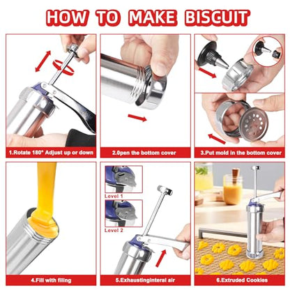Spritz Cookie Press Kit - 20 Stainless Steel Discs & 8 Icing Nozzles - Professional Biscuit Maker with Effortless Trigger - Complete Spritz Cookie Maker for Homemade Treats and Pastry Decoration