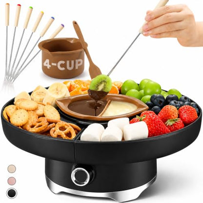 LUSHYUM Electric Chocolate Fondue Pot Set, 4-Cup Chocolate, Rotating Tray