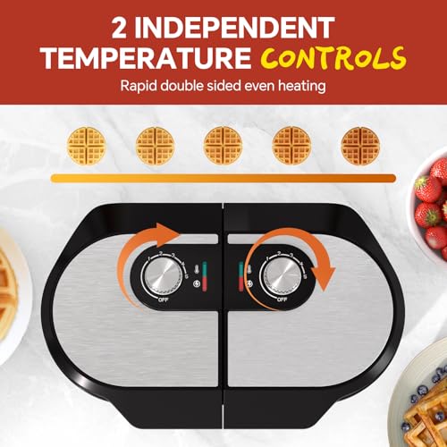 Double Waffle Maker, 6.5" Dual Waffle Iron, 1200W Belgian Waffle Maker with Nonstick Plates, 2 Independent 5-Level Adjustable Temp Knobs, Easy to Clean, Stainless Steel