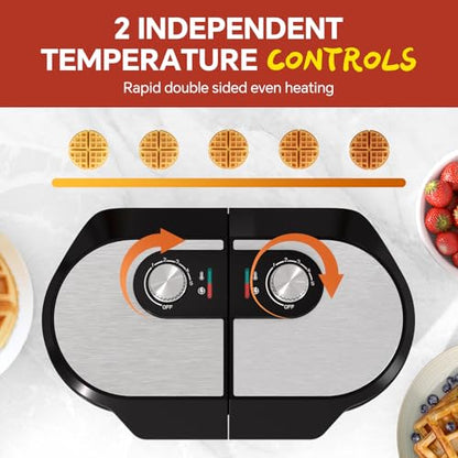 Double Waffle Maker, 6.5" Dual Waffle Iron, 1200W Belgian Waffle Maker with Nonstick Plates, 2 Independent 5-Level Adjustable Temp Knobs, Easy to Clean, Stainless Steel