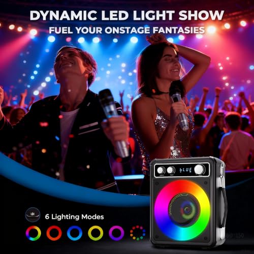 VOSOCO Karaoke Machine with 2 Wireless Microphones, Portable Bluetooth Speaker for Adults Kids, PA Systems Support TWS Echo Adjust TF USB AUX for Home Party Outdoor Travel