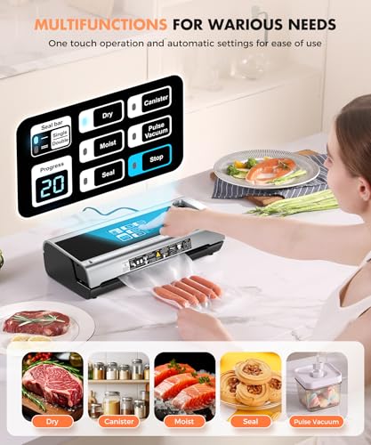 Food Vacuum Sealer Machine, 95KPa Powerful Food Saver with Dry/Moist/External Vacuum Modes, Built-in Cutter & Bag Storage, Single/Double Sealing, 1 Bag & 15 Pre-cut Bags（Silver）