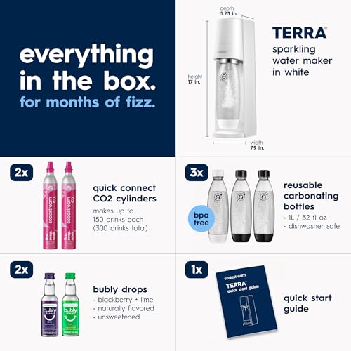 SodaStream TERRA Sparkling Water Maker, Value Bundle, CQC CO2 System, Includes 2 Quick Connect 60L CO2 Cylinders, 3 Dishwasher Safe BPA Free Bottles, 2 bubly Drops, Make your own Pepsi, White