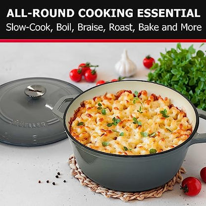 Mueller 6 Quart Enameled Cast Iron Pot Dutch Oven, Heavy-Duty Oven-Safe up to 500° F, & Across All Cooktops, Casserole Dishes for Ovens, Bread Pan with Lid and Knob, Cast Iron Cookware, Grey