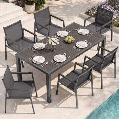Oasbira Outdoor Dining Set, 7 Piece Aluminum Patio Table and Chairs Set, All Weather Patio Dining Furniture Set with Umbrella Hole for Backyard, Deck, Poolside (Charcoal)