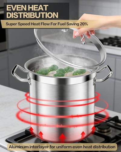 STOCKPOT Stainless Steel 20 Quart Stockpot with Tempered Glass Lid, 3-Ply Base, 8.8 lbs, Polished Finish, Suitable for Stovetop and Oven, Dishwasher Safe