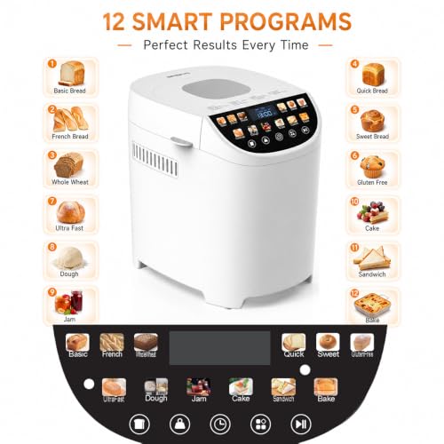 Smart Bread Maker, 2LB 12-IN-1 Automatic Bread Machine With Color Touchscreen, Gluten-Free Setting, Nonstick Pan, 2 Loaf Sizes, 13H Reserve & 1H Keep Warm (White)