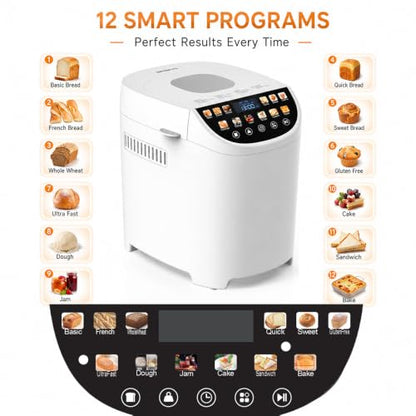 Smart Bread Maker, 2LB 12-IN-1 Automatic Bread Machine With Color Touchscreen, Gluten-Free Setting, Nonstick Pan, 2 Loaf Sizes, 13H Reserve & 1H Keep Warm (White)