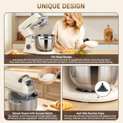 ZACME 7 Quart Stand Mixer Aluminum Die Casting, 650W 12 Speed Tilt-Head Kitchen Electric Stand Mixer, Household Food Mixer with Stainless Steel Bowl, Dough Hook, Whisk and Beater-Cream