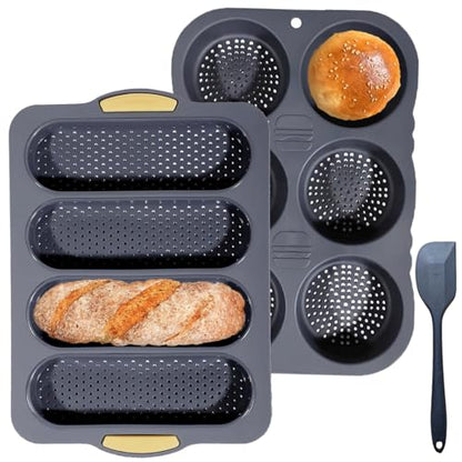 3 PCS Silicone Hamburger Bun Pan and Baguette Pan Set, Non-stick French Bread Baking Mold, 4 Wave French Bread Baking Tray,6 Cup Hamburger Bun Mold with Scraper for Homemade Bread Loaf Sandwich
