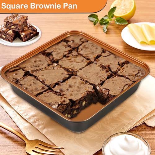 Barlket Baking Pans Set 6-Pieces, Non Stick Bakeware Set Stackable, with Cookie Sheet, Muffin, Round/Square Cake Pan, Loaf Pan, Rack, Oven Mitt for Home Baker, Gold
