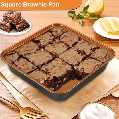 Barlket Baking Pans Set 6-Pieces, Non Stick Bakeware Set Stackable, with Cookie Sheet, Muffin, Round/Square Cake Pan, Loaf Pan, Rack, Oven Mitt for Home Baker, Gold