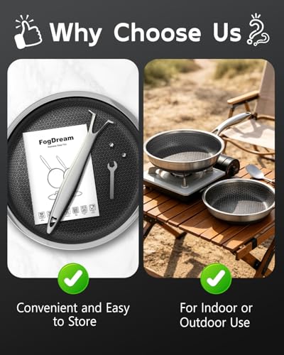 FogDream 12 Inch Nonstick Frying Pan with Lid, Honeycomb Hybrid Stainless Steel Skillet, Tri-Ply Induction Compatible, Non Toxic Frying Pan, Oven Safe, Dishwasher Safe, Silver
