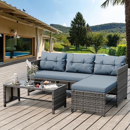 Shintenchi 3 Pieces Patio Furniture Set,Outdoor Sectional Sofa,Blue-Gray