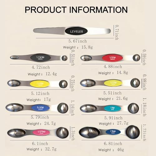 Stainless Steel Magnetic Measuring Spoons Set of 9 with Leveler,Dual Sided, Stackable, Adjustable Teaspoon and Tablespoon, Measuring Liquids and Dry Ingredients, Baking& Cooking Gadgest,Multicolor