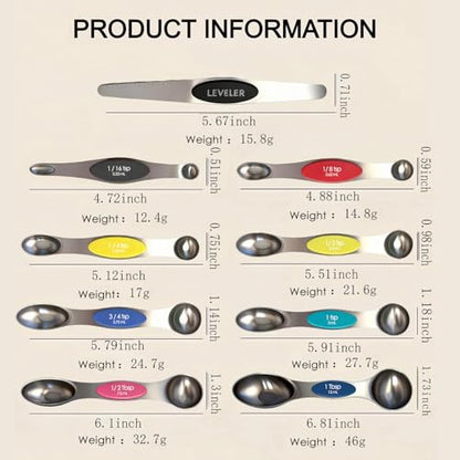 Stainless Steel Magnetic Measuring Spoons Set of 9 with Leveler,Dual Sided, Stackable, Adjustable Teaspoon and Tablespoon, Measuring Liquids and Dry Ingredients, Baking& Cooking Gadgest,Multicolor