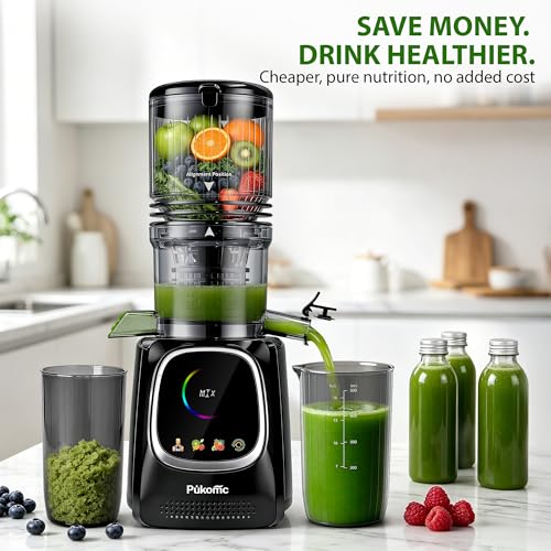 Pukomc Cold Press Juicer with Smart Display and Brushless Motor, 5.3'' Wide Mouth Feed Chute, 300W High Power Slow Masticating Juicer, Whole Vegetables & Fruits Juicing, Easy to Use and Clean