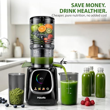 Pukomc Cold Press Juicer with Smart Display and Brushless Motor, 5.3'' Wide Mouth Feed Chute, 300W High Power Slow Masticating Juicer, Whole Vegetables & Fruits Juicing, Easy to Use and Clean