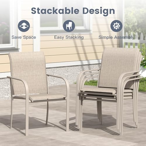 VICLLAX 11 Pieces Patio Outdoor Dining Set, 63" Round Metal Table with Umbrella Hole and 10 Stackable Textilene Chairs for Patio, Lawn, Garden, Porch, Sandshell