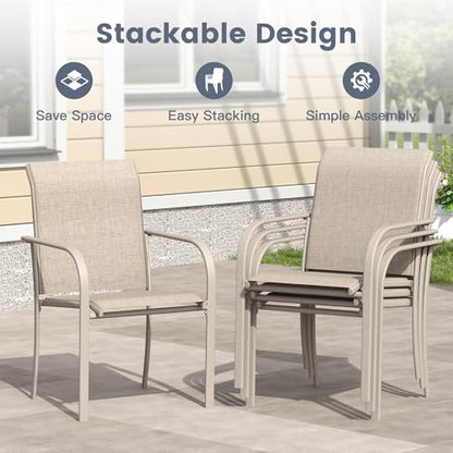 VICLLAX 11 Pieces Patio Outdoor Dining Set, 63" Round Metal Table with Umbrella Hole and 10 Stackable Textilene Chairs for Patio, Lawn, Garden, Porch, Sandshell