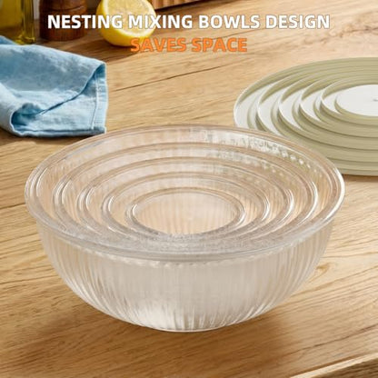 Jelife Glass Mixing Bowls with Lids Set - 5 Packs, Borosilicate Nesting Glass Bowls (3.7-2.1-1-0.5-0.2QT) for Baking, Salad, Meal Prep, Serving, Food Storage, BPA Free & Dishwasher Safe