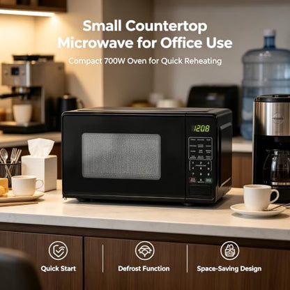 0.7 Cu Ft 700W Compact Countertop Microwave Oven Black Small Microwave with Turntable Defrost Child Lock for Kitchen Dorm Office