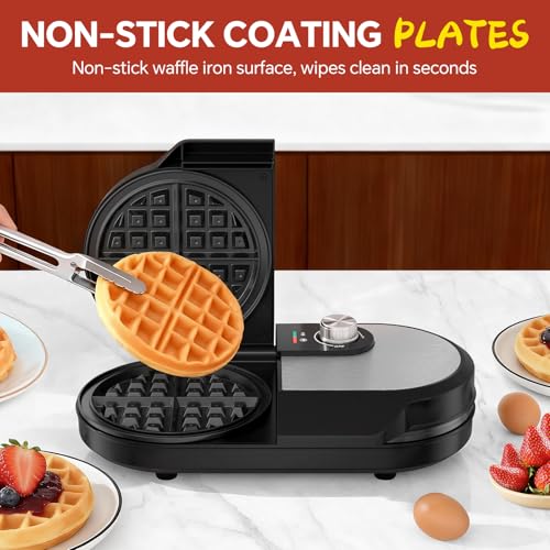 Double Waffle Maker, 6.5" Dual Waffle Iron, 1200W Belgian Waffle Maker with Nonstick Plates, 2 Independent 5-Level Adjustable Temp Knobs, Easy to Clean, Stainless Steel
