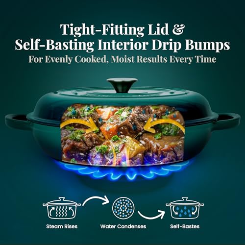 Larder & Vine Enameled Cast Iron Braiser | 3.6 qt Braiser Pan with Lid | Shallow Dutch Oven Compatible on All Cooktops | Casserole Dish Oven Safe to 500° F | Dual Handles | Bondi