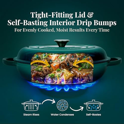 Larder & Vine Enameled Cast Iron Braiser | 3.6 qt Braiser Pan with Lid | Shallow Dutch Oven Compatible on All Cooktops | Casserole Dish Oven Safe to 500° F | Dual Handles | Bondi