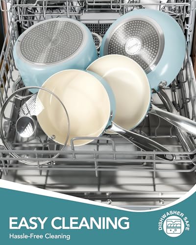 MICHELANGELO Pots and Pans Set Non Stick, 8-Piece Ti-infused Ceramic Cookware Set with Silicone Utensils - Induction Compatible, Oven Safe, PFOA-Free, Blue