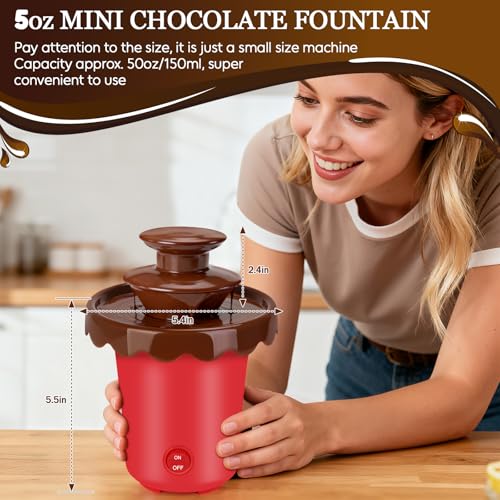5oz Mini Chocolate Fountain with 10Forks,2-Tier Mini Chocolate Dipping Machine for Use with Chocolate Syrup Only, fit for Parties,Daily Use, Powered by 4 x C Batteries(Not Included) (Red)