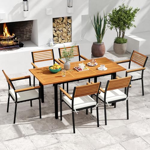 Tangkula 7 Piece Patio Dining Set, Outdoor Acacia Wood Cushioned Chairs and 51”-64” Expandable Rectangular Table Set, with Umbrella Hole, 6 Stackable Armchairs, for Poolside Garden (Off White)