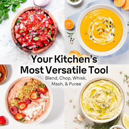 Braun 4-in-1 Immersion Hand Blender, Powerful 500W Stainless Steel Stick Blender, Variable Speed + 6-Cup Food Processor, Whisk, Beaker, Masher, Finer Blending, MultiQuick MQ7077