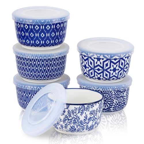 Selamica Ramekins with Lids, 8 oz Oven Safe Creme Brulee Ramekins with Covers, Souffle Dishes Pudding Custard Cups, Stackable Ceramic Small Ramekin Bowls Set for Baking, Dipping, Ice Cream, Set of 6, Vintage Blue