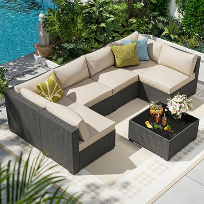 7 Piece Outdoor Patio Sectional Furniture Set, Modular Wicker Outdoor Couch
