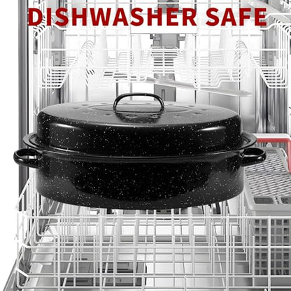 DIMESHY 16Inch Roasting Pan, Enamel on Steel, Black Covered Oval Roaster Pan with Lid, Medium Cookware for Turkey, Small Chicken, Roast Baking Pan.
