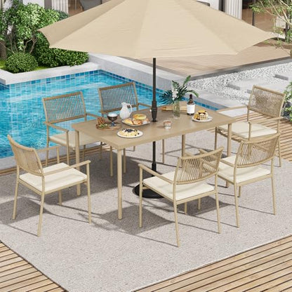 7 Pieces Outdoor Dining Set for 6, 55” Large Steel Dining Table with Umbrella Hole, Wicker Patio Table and Rattan Chairs for Garden/Deck/Yard/Porch, Matte Metal Spray Coating Patio Dining Set,Beige