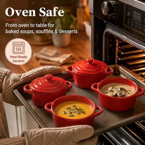 RHBLME 6 Pack French Onion Soup Bowls, 7 Oz Ramekins Oven Safe Mini Cocotte, Red Ramekins with Lids Oven Safe Soup Bowls for Creme Brulee, Pot Pie, Lava Cakes, Pumpkin Soup