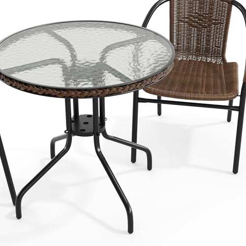 Flash Furniture Lila 28'' Round Glass Metal Table with Dark Brown Rattan Edging and 2 Dark Brown Rattan Stack Chairs