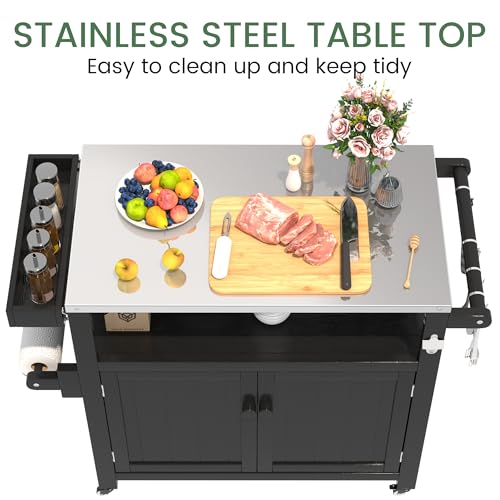Sunnibety Weatherproof HIPS Outdoor Kitchen Island with Stainless Steel Top & Storage Cabinet, Movable Prep Table with Wheels for BBQ Food Prep, Outdoor Grill Cart for Parties, Black