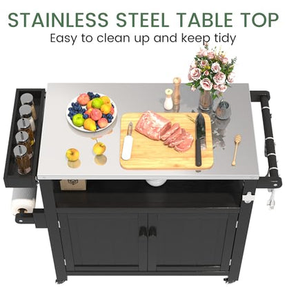 Sunnibety Weatherproof HIPS Outdoor Kitchen Island with Stainless Steel Top & Storage Cabinet, Movable Prep Table with Wheels for BBQ Food Prep, Outdoor Grill Cart for Parties, Black